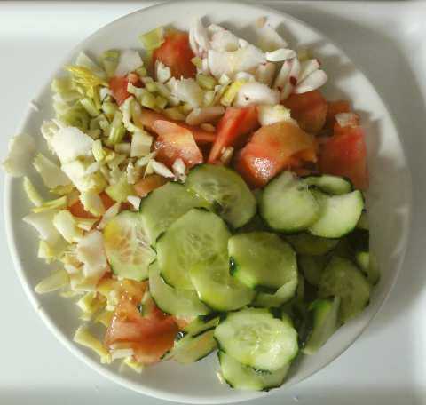 A cucumber, tomato and other vegetables salad
